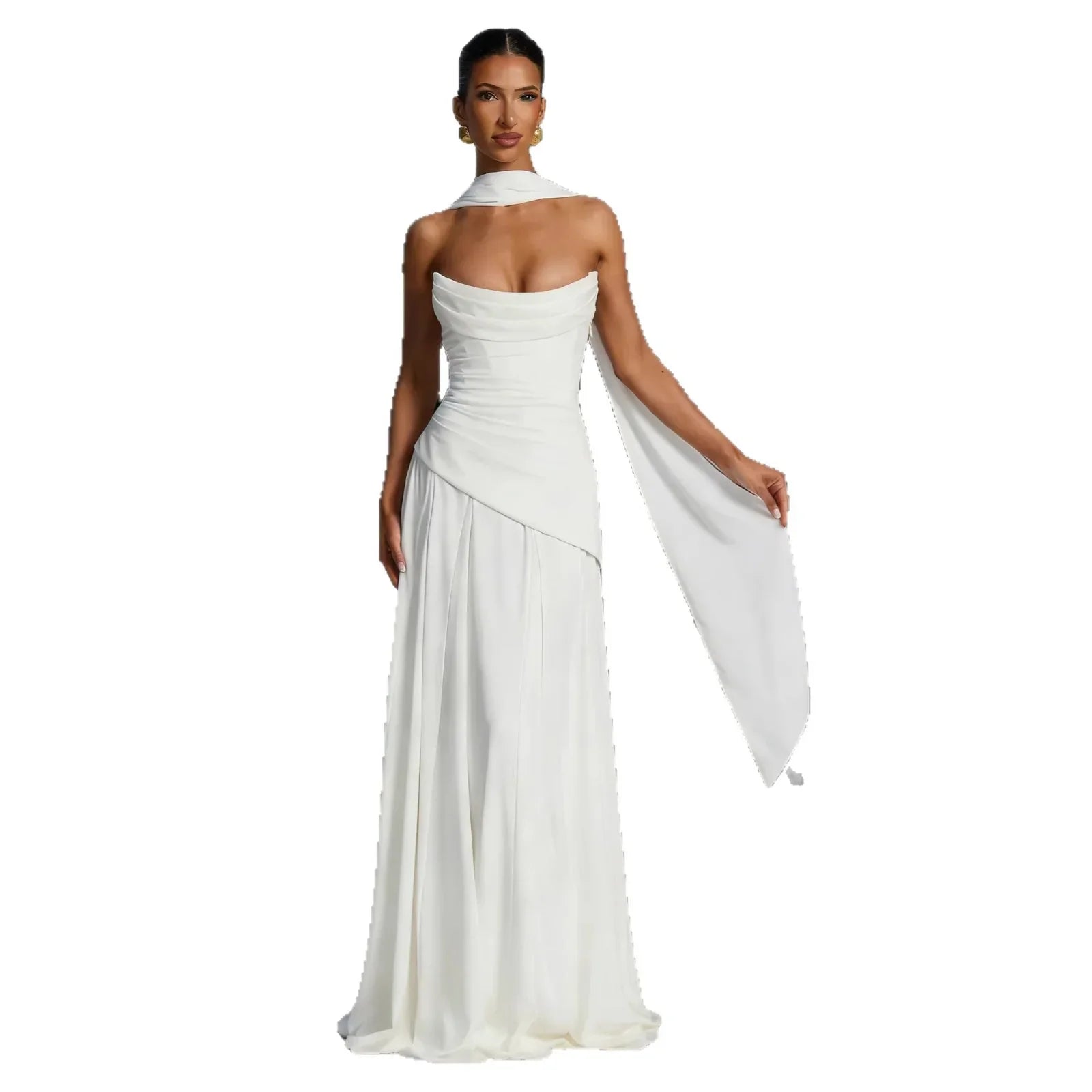 White one-shoulder evening gown with flowing cape sleeve and ruched bodice, elegant formal wear for weddings or galas