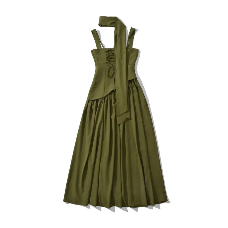 Olive green satin maxi dress with lace-up corset bodice, halter straps, and flowing pleated skirt for elegant occasions