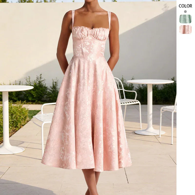 Pink floral jacquard midi dress with sweetheart neckline and thin straps, perfect for spring occasions