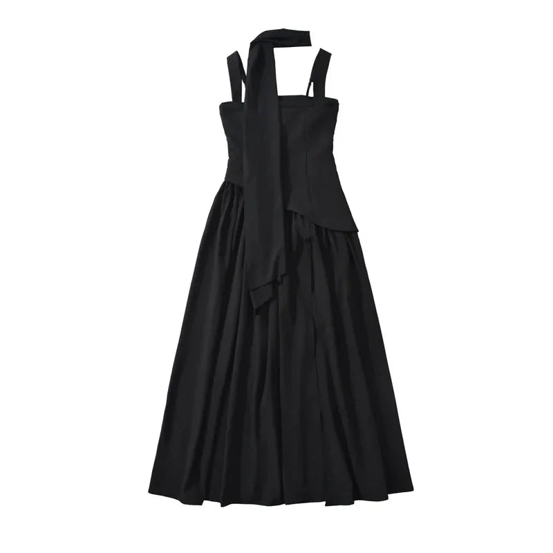 Black sleeveless midi dress with halter neck tie and flared skirt, ideal for evening or formal occasions