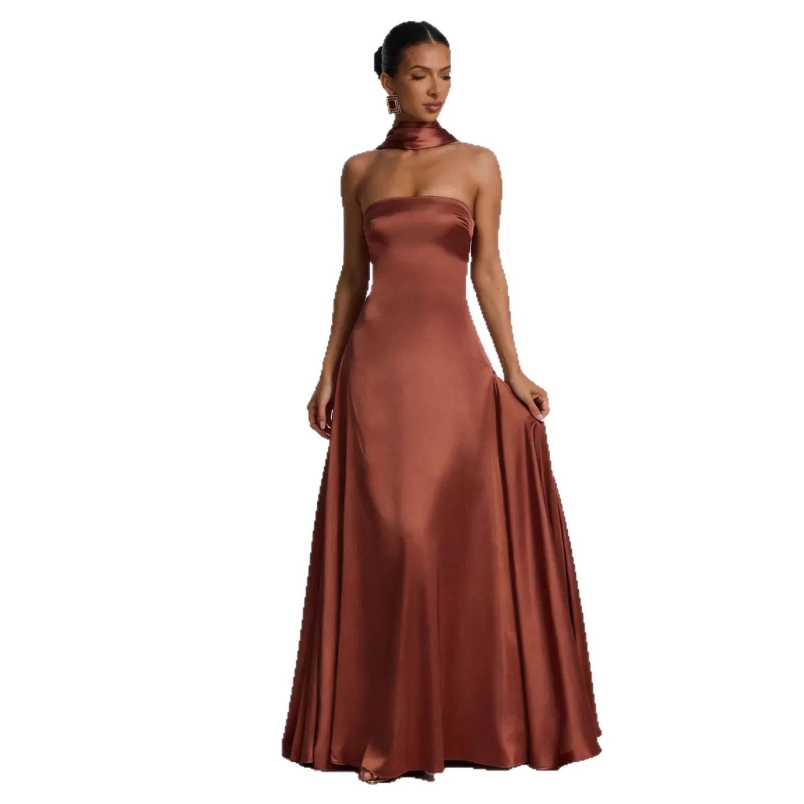 Rust satin strapless evening gown with high neck scarf detail, floor-length formal dress for prom or gala events
