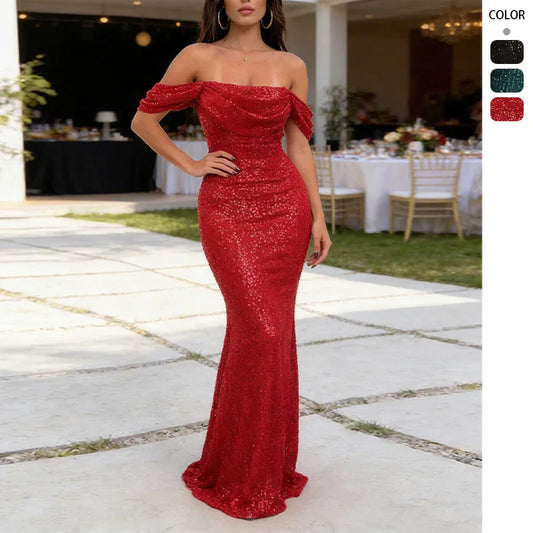 Red sequin off-shoulder mermaid evening gown with ruched bodice, perfect for formal events and parties